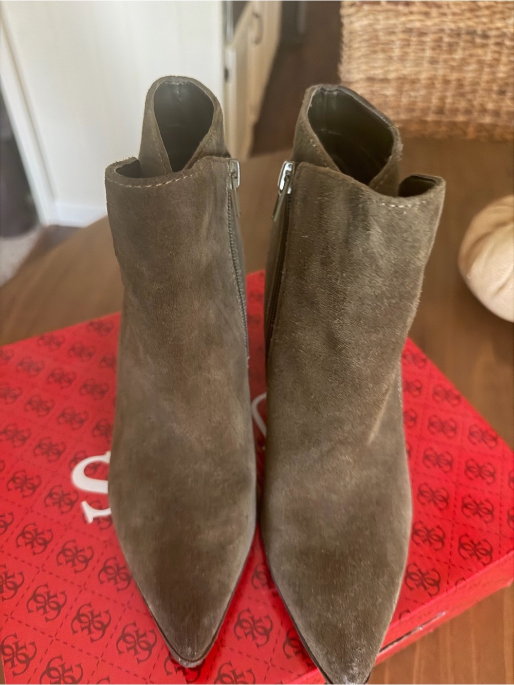 Guess Olive Suede Pointed-Toe Ankle Booties